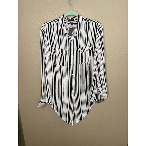 Jones New York Signature Womens Black White Striped Button-Down Shirt Large NEW - Picture 1 of 8